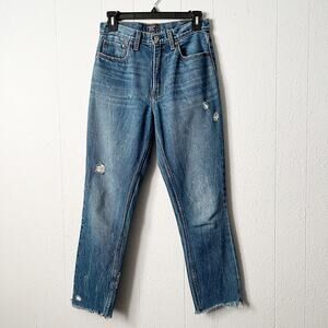 Abercombie & Fitch High Rise Mom Jean Women 25 Ankle Raw Hem Cotton Distressed